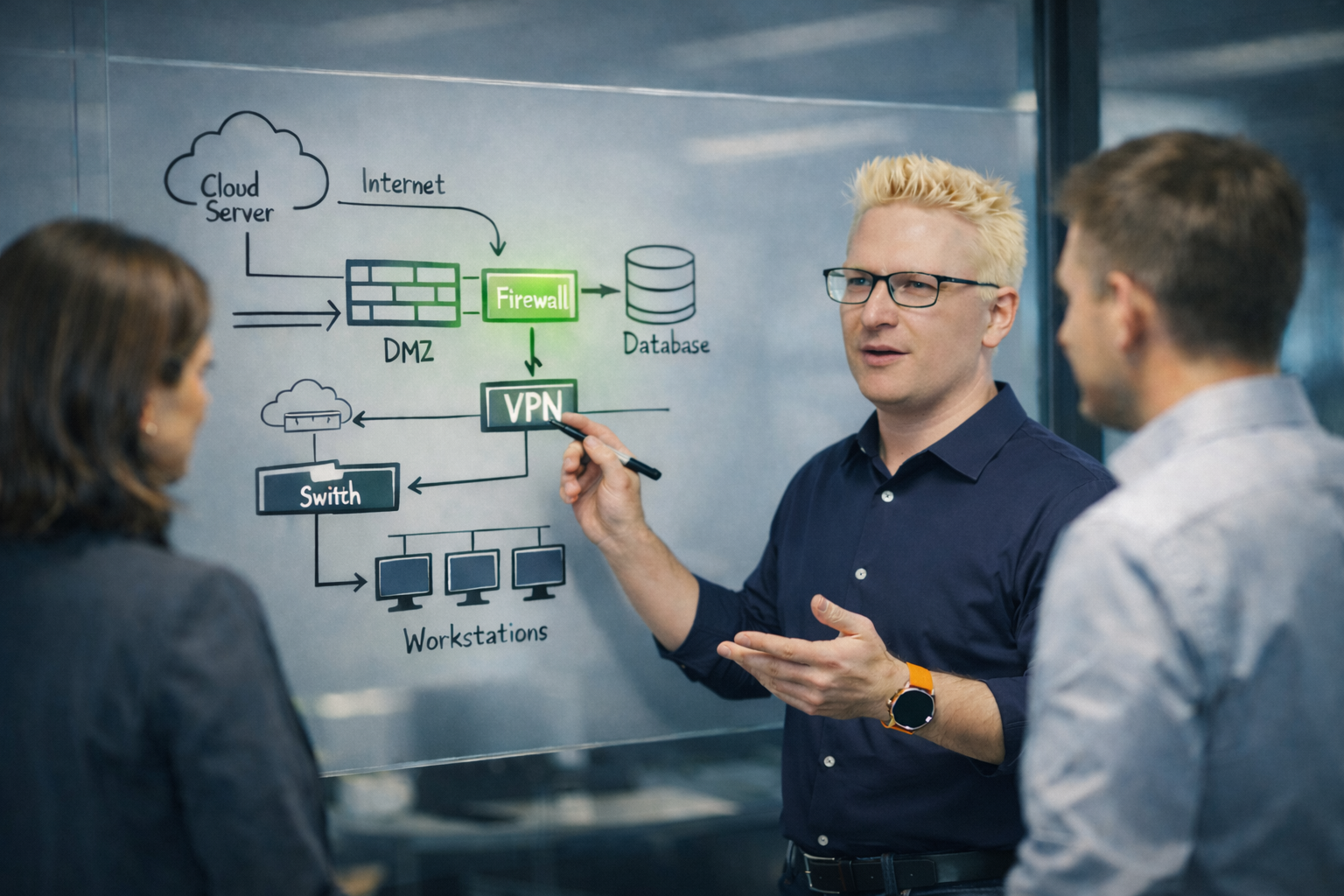 Team strukturiert IT-Abläufe gemeinsam am Glasboard.